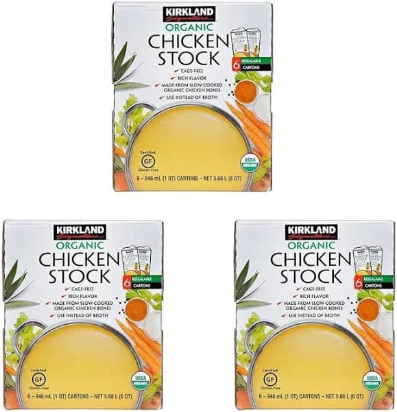 Kirkland Signature Organic Chicken Stock, 3 Pack (Six 32 oz Resealable Cartons Each Pack, 18 Total 32 oz Cartons)