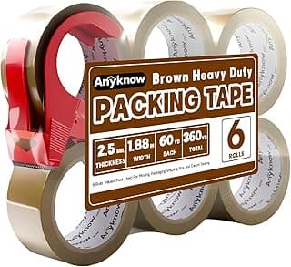 Brown Packing Tape 6 Rolls Heavy Duty Packing Tape with 1 Dispenser - 2.5mil x 1.88" x 60Y Strong Adhesive Packaging Tape for Carton Sealing, Shipping, Mailing & Storage