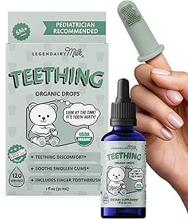 Organic Baby Teething Relief Drops with Silicone Toothbrush, Gum Relief for Babies & Toddlers 6 M+, Soothing Chamomile Clove Blend, Teething Gel Alternative, Sugar Free, 120 Servings