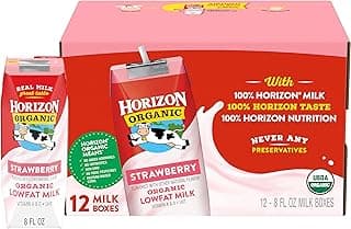 Horizon Organic Shelf Stable 1% Lowfat Strawberry Milk Boxes, 8 fl oz, 12 Count - 8g Protein per Serving, USDA Organic UHT from Pasture-Raised Cows, Ready to Drink for Lunchbox, Travel, or On-the-Go, No Refrigeration Needed