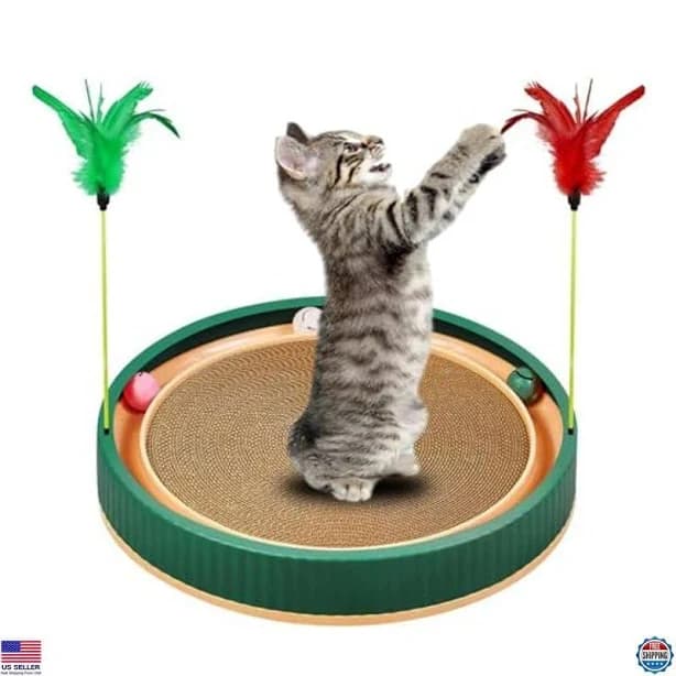 20-inch Round Cat Scratcher With Ball Track & Feather Toy - 3-in-1