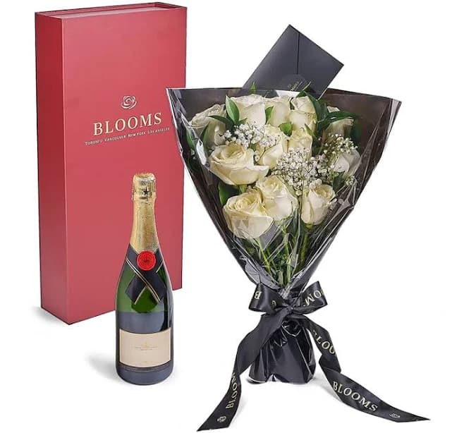 Vancouver Blooms Valentine's Day 12 White Rose Bouquet with Box and Champagne