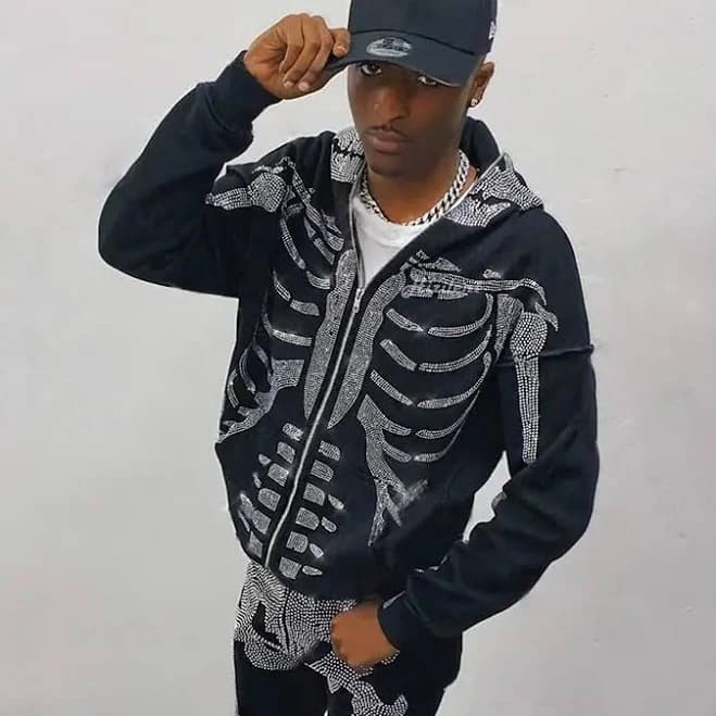 Rhinestone Skeleton Goth Full Zip Hoodie