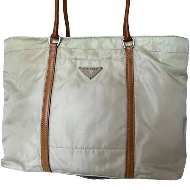 Prada Tessuto Nylon Tote Bag Beige Leather Handles