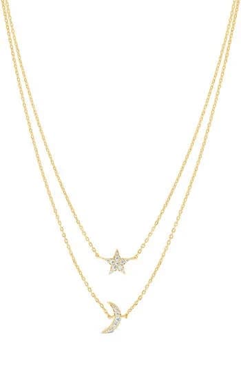 Sterling Forever Women's Layered CZ Crescent & Star Necklace