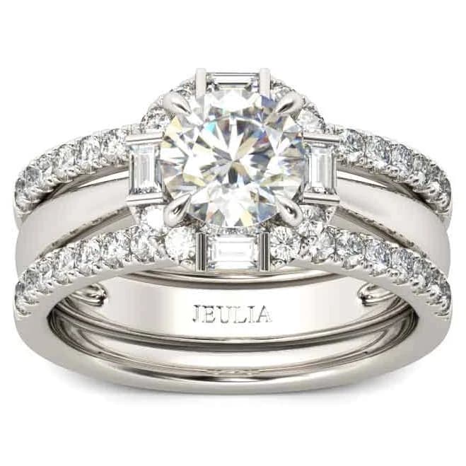 Jeulia Halo Round Cut Sterling Silver 3pc Ring Set