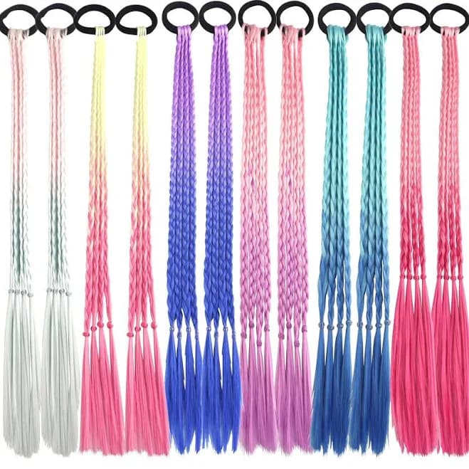 Colored Braids Hair Extensions With Rubber Bands Rainbow Braided