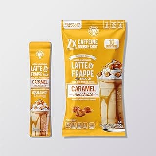 Caramel Macchiato Frappe & Latte Instant Mix (10 Sticks), Made with Arabica Coffee, Double Shot Caffeine, Low Sugar & Premium Ingredients, Hot, Iced, or Blended Drinks