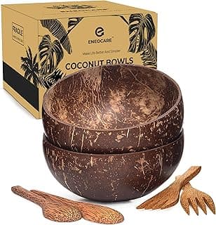 Natural Coconut Bowls with Spoons and Forks | Eco-friendly Vegan Organic Non-toxic Reusable Smoothie Buddha Acai Bowl for Kitchen, Dining and Decoration (Set of 2)