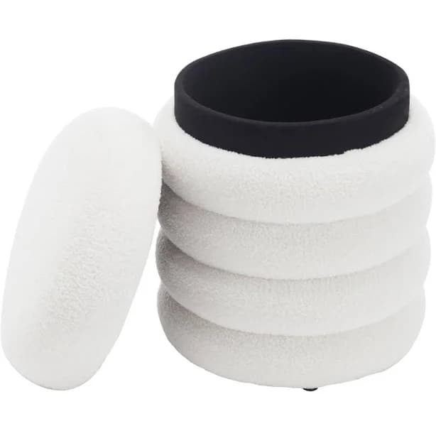 DM Furniture White Storage Ottoman Sherpa Foot Stools Ottoman Small Boucle Foot Rest Stool Upholstered Round Side Coffee Table for Living Room