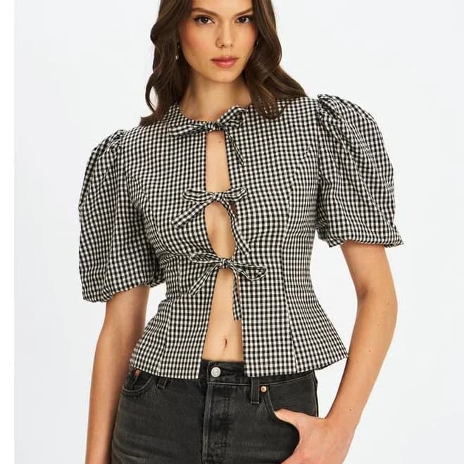 Miss Circle Women's Qusayla Gingham Bubble Sleeve Bowtie Top
