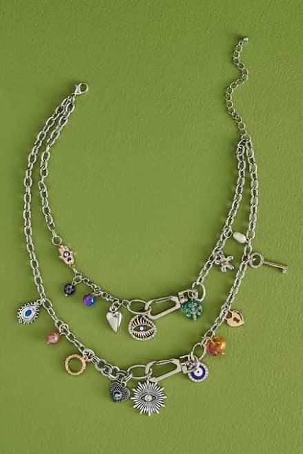 Boho Double Layered Silver Charm Necklace