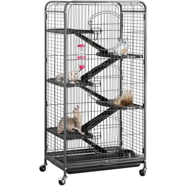 Large 6 Level Rolling Pet Cage with 3 Doors, Pet Bowl, and Water Bottle