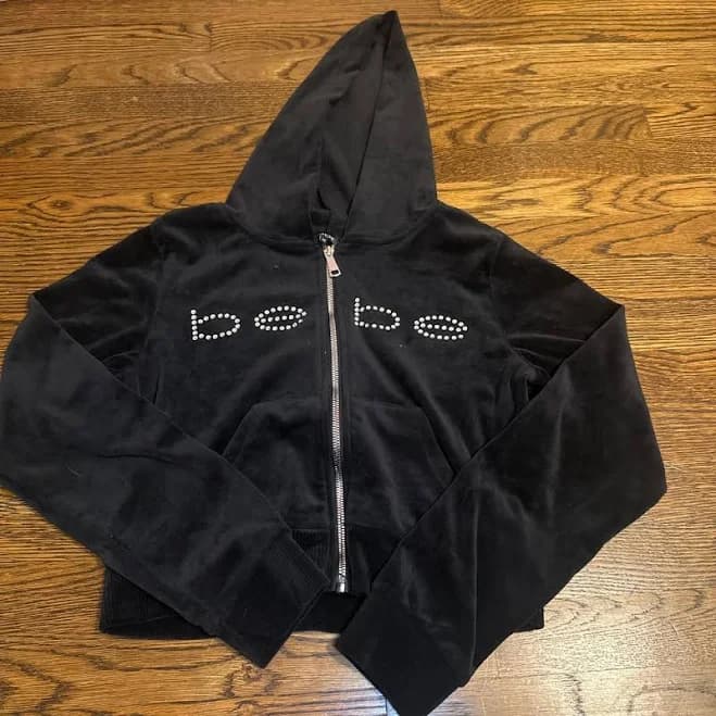 Bebe Velour Zip-Up Hoodie with Rhinestone Logo