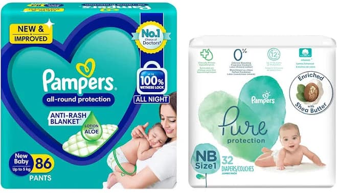 Pampers Pure Protection Baby Diapers, (Size 1, NB), 32 Count & All round Protection Pants, (NB/XS), 17 Count