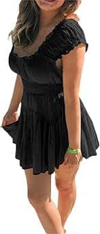 Karwuiio Women Fairy Off Shoulder Short Dress Puff Sleeve Solid Color Ruched Bust A-Line Mini Going Out Dresses (Black, S) at Amazon Women's Clothing store