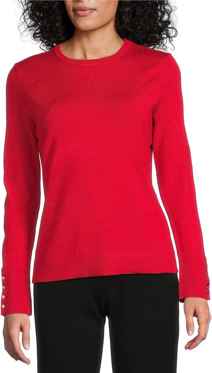 Women's Long Sleeve Button Cuff Crew Neck Sweater