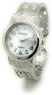 Ladies Elegant Metal Bangle Cuff Fashion Watch Pearl Dial (Silver)
