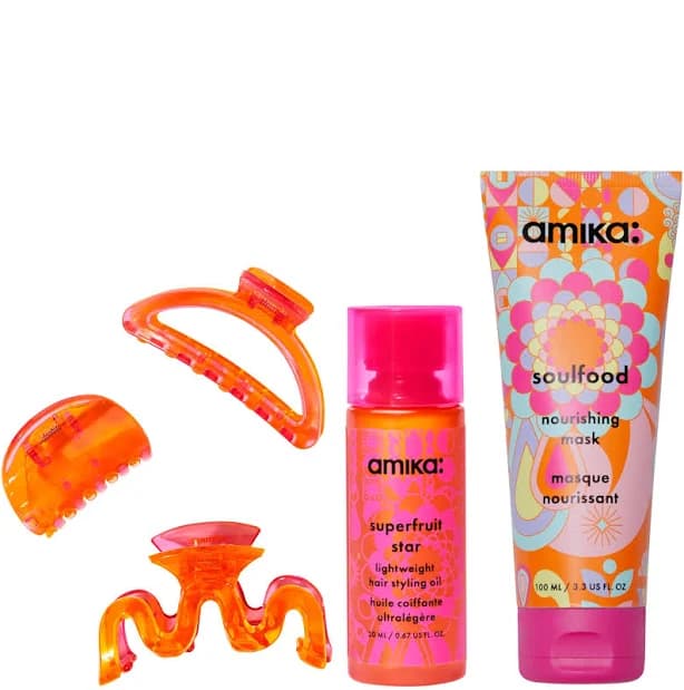 amika Travel Bundle - Superfruit Oil 20ml + Soulfood Mask 100ml + Amika Claw Clips