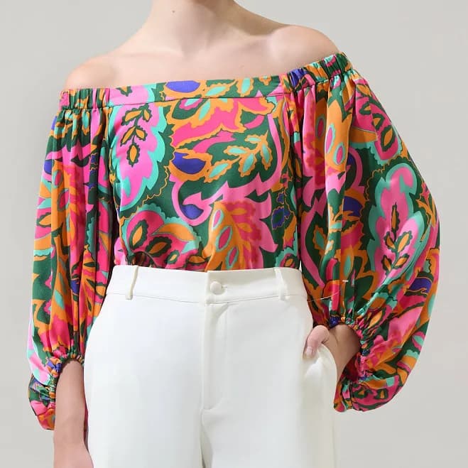 Sugarlips Off-The-Shoulder Tropical Print Satin Blouse with Balloon Sleeves