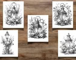 30 Floral Cottage Lanterns and Lamp Posts Coloring Pages for All Ages, Flower Cottage Lanterns Coloring Book, Digital Download, Grayscale - Etsy