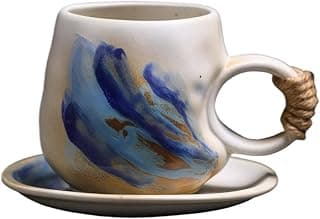 8oz Vintage Retro Japanese Style Handmade Ceramic Tea Cup and Saucer – Small Artisanal Mug with saucer set, Lead-Free Latte Art Mug, Handcrafted Pottery tea mug with handle(1, White)