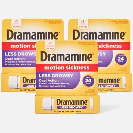 HSA-Eligible | dramamine Motion Sickness Relief Tablets, Less Drowsy Formula, 8 ct, 3-Pack