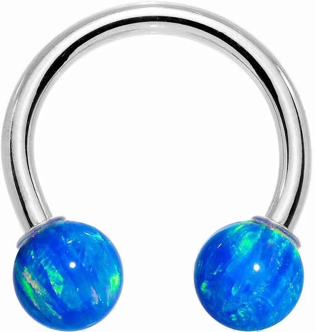 14G Solid 14K White Gold Blue Synthetic Opal Horseshoe Barbell - 14KT Gold Horseshoe Circular - Body Candy