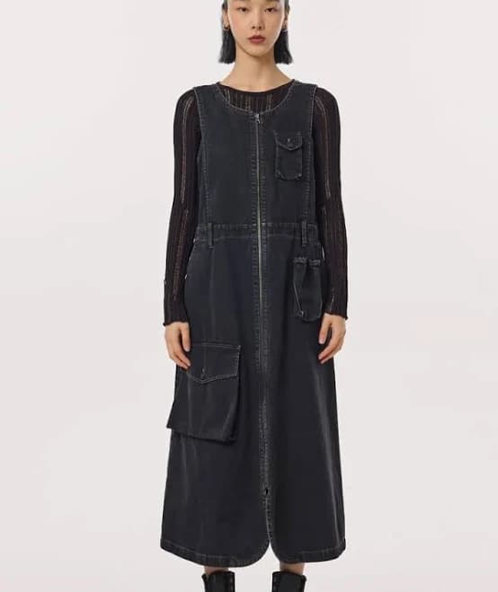 Designer Denim Overall Dress with Vest Pocket