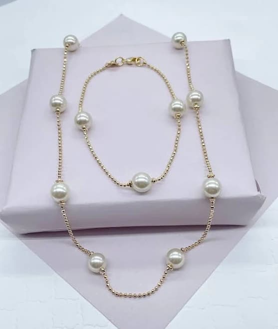 18K Gold Layered Pearl Shinny Ball Chain