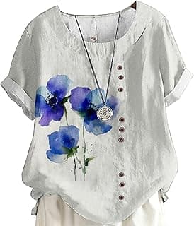 Women's Vintage Linen Tops Short Sleeve Boho Summer Graphic Tees Tunic Shirts Casual Loose Button Blouses