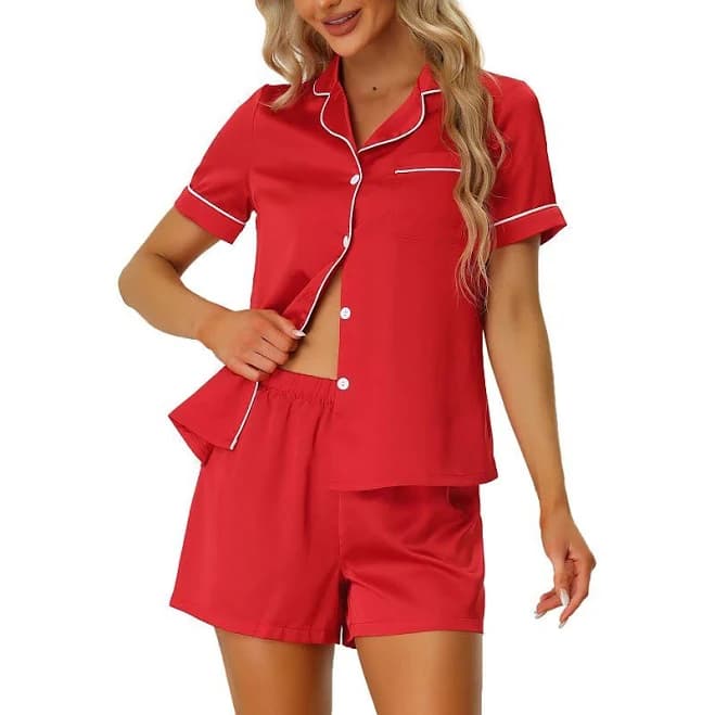 Women's Pajama Short Sleeves Button Down Top and Shorts Satin Sets, Size: XL, Red