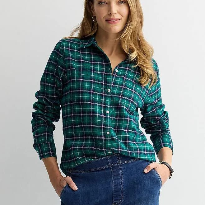 Women's Croft & Barrow The Extra Soft Plaid Flannel Shirt, Size: Medium, Green Fun Plaid