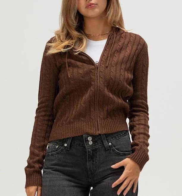 Love Tree Women's Zip-Up Hooded Cable Knit Sweater