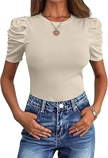 Women Puff Short Sleeve Crewneck Dressy Casual Tops Summer Fitted Ribbed Knit Trendy Work Shirts 2026 Spring Clothes