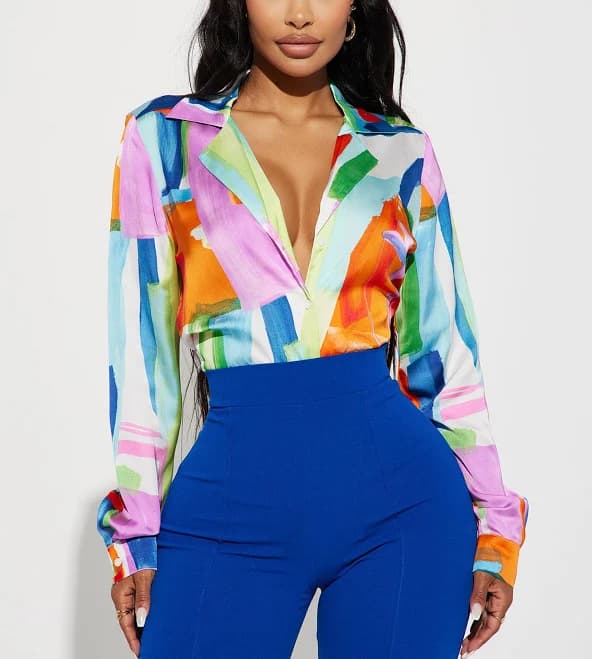 Fashion Nova Long Sleeve Satin Button Up Shirt