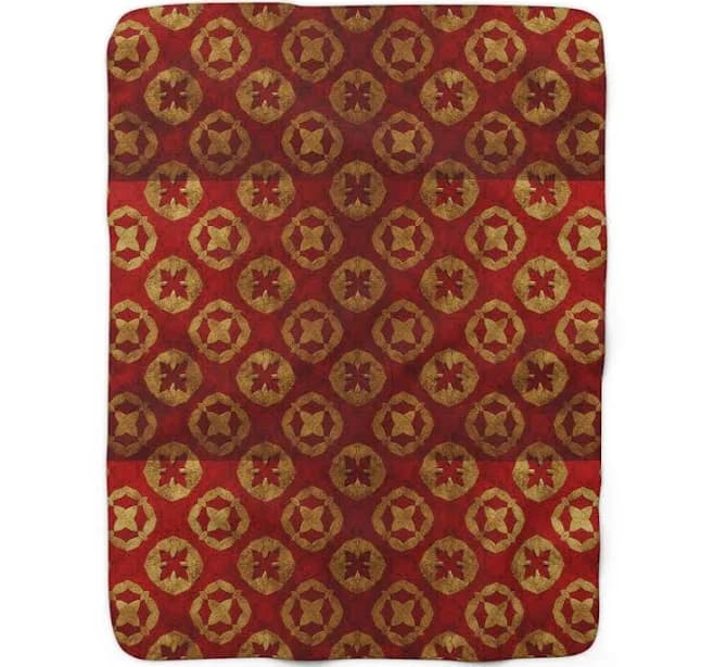 Red Gold Medallion Pattern Sherpa Blanket | Cozy Rustic Throw