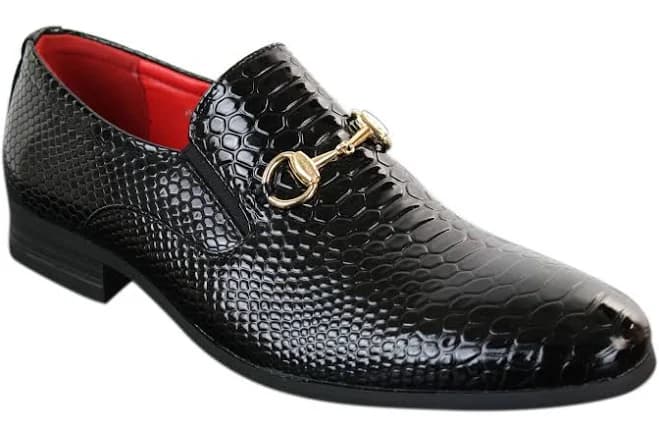 Patron Men's Shiny Patent Slip-On PU Crocodile Leather Shoes with Gold Buckle