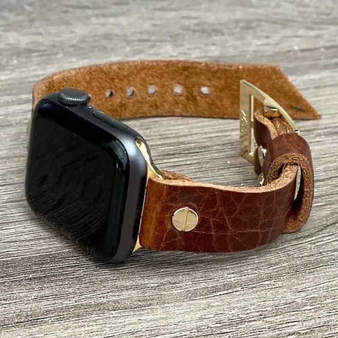Grain Brown Leather Apple Watch Band with Gold Accent