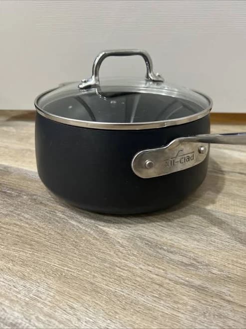 All-Clad Metalcrafters Cookware 3.5 qt 3.3L Saucepan Two Handle Pan & Lid Non-Stick Aluminum 2-Piece Set Black | 9 in | Electric | Round | 19 in