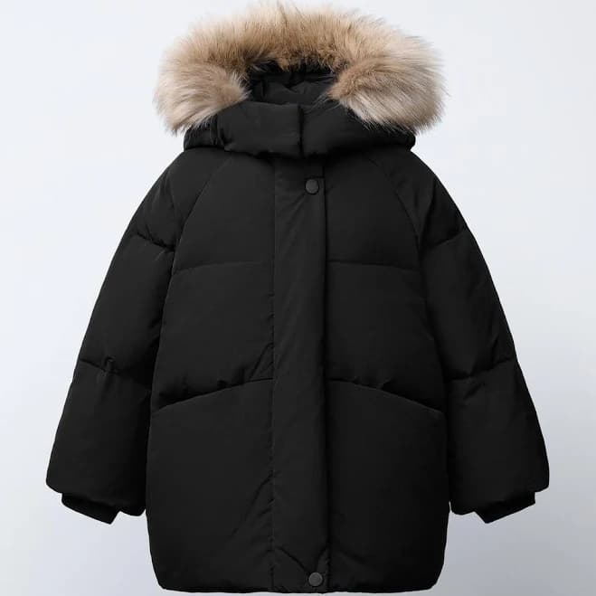 Zara Kids Down Puffer Coat with Removable Faux Fur Hoodie