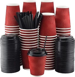 NYHI Pack of 100 12 oz Red Paper Cups with Black lids Coffee Cups Disposable BPA Free Insulated Ripple Kraft Paper Cups To go Cups for Hot or Cold Drinks Office Home Canteen Party Travel