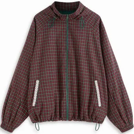 CIDER Women's Daily Casual Oversized Hooded Long Sleeve Woven Cotton Plaid Jacket Drawstring Contrasting Lace