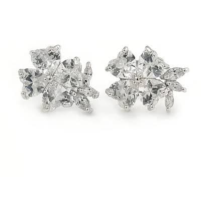 14mm Clear CZ Flower Stud Earrings in Rhodium Plating