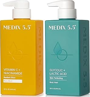 MEDIX Glycolic Acid + Lactic Acid Body Wash & Vitamin C Body Wash 2PC Skincare Bundle | Exfoliating Face Cleanser For Women, Keratosis Pilaris, & Acne + Radiant Glow Vitamin C Cleanser, 2PC Set
