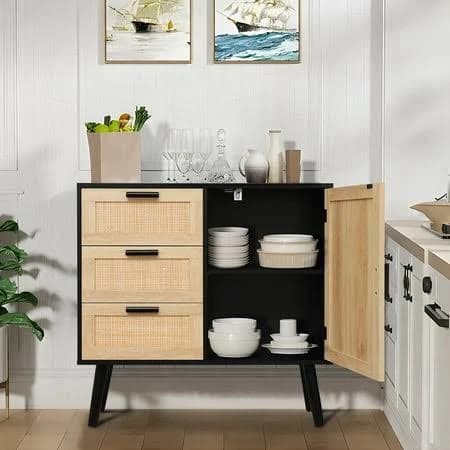 Fangsum Rattan Modern Storage Cabinet with Door & 3 Drawers
