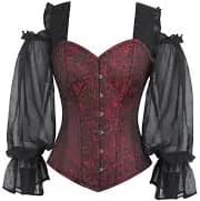 Red and Black Brocade Corset Top with Long Chiffon Sleeves