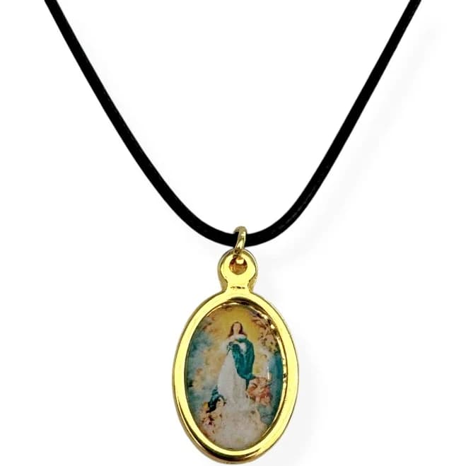 Assumption Of Mary Gold Tone Medal Pendant Black String Necklace