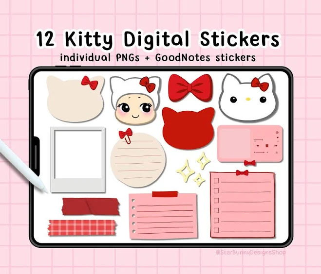 12 Kawaii Kitty GoodNotes Stickers, Kawaii Digital Planner Stickers, Cute Notepad Stickers, Kawaii Digital Stickers, Kawaii Printable