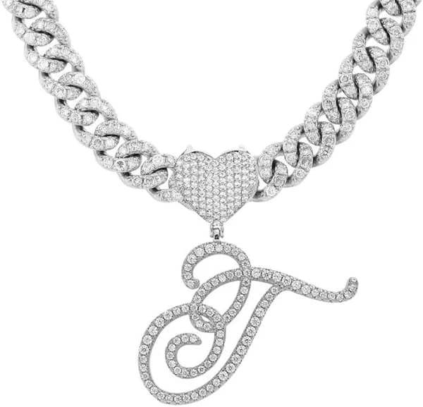 T Initial Necklaces Silver Cuban Link Chain For Women Iced Out Chain